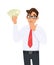 Shocked businessman showing cash, money and covering mouth with hand. Person holding currency notes. Male character design.