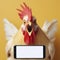 Shocked Chicken holding smartphone with white mockup screen on solid color background. ai generative