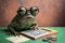 Shocked cute frog in glasses with surprised eyes and counting money, created with Generative AI technology