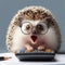 Shocked cute hedgehog in glasses with open mouth looks at calculator, count tax. ai generative
