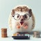 Shocked cute hedgehog in glasses with open mouth looks at calculator, count tax. ai generative