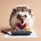 Shocked cute hedgehog in glasses with open mouth looks at calculator, count tax. ai generative
