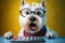 Shocked cute west highland white terrier dog in glasses counting taxes, created with Generative AI technology