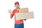 Shocked delivery man holding carton box in uniform