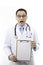 Shocked doctor showing clipboard with blank paper. Medical news, clinic ads