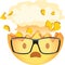 Shocked emoji wearing glasses. Exploding head nerd emoticon. Yellow face with an open mouth, wearing glasses and the top of its