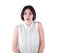 A shocked female isolated on a white background. A scared and surprised lady. A confused brunette young woman in a blouse.