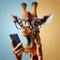 Shocked giraffe in glasses holding smartphone. ai generative