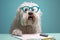 Shocked komondor dog in glasses with surprised eyes counting taxes, created with Generative AI technology