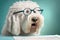 Shocked komondor dog in glasses with surprised eyes counting taxes, created with Generative AI technology