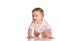 Shocked little boy crawls on all fours on a white background.