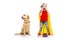 Shocked little supergirl wearing yellow cape and talking on phone with standing dog beside