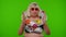 Shocked senior pensioner woman tourist in swimsuit on chroma key, wow exciting surprise reaction