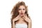 Shocked woman healthy model with natural make-up, shiny clear skin and long curly hairstyle. Haircare, Skincare, Cosmetology and