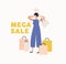 Shocked woman holding head surrounded by shopping bag enjoy mega sale isolated on white. Crazy shopaholic female having