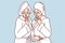 Shocked women dressed in white shower robes with towels on wet hair opening mouths. Vector image