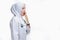 Shocked young asian muslim nurse with stethoscope. Image of a shocked young asian muslim nurse with stethoscope looking at
