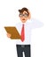 Shocked young businessman holding clipboard and keeping hand on head. Frustrated person carrying document, file or list.