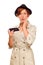 Shocked Young Woman Holding Smart Cell Phone on White