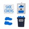 Shoe covers. Shoe covers station, wall sign, dispenser box and container for used. Hospital equipment. Simple flat style