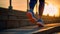 Shoe female runner running on stairs, in the style of light navy and orange, backlight, Generative AI