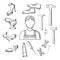 Shoemaker profession and tools sketch icons