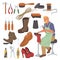 Shoemaker set, flat vector isolated illustration. Shoe repair tools, cobbler supplies and accessories.