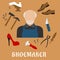 Shoemaker with shoes and tools, flat icons