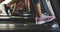 Shoes of an active and fit group of athletes running on a treadmill at the gym or health club. Closeup of athletic