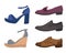 Shoes and boots. Various types of mens or womens footwear. Side view of casual sandals with high heels or wedges