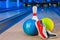 Shoes, bowling pin and ball for bowling game