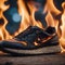 Shoes on fire on the street background. Burning shoes on carpet background. Concept it\\\'s time to buy a new pair of shoes