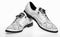 Shoes made out of white leather on white background, isolated. Pair of fashionable comfortable oxfords shoes. Footwear