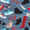 Shoes vector background, seamless pattern. Multicolored sandals, boots, low shoe, ballet slippers, high boot, gumshoes