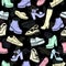 Shoes vector background, seamless pattern. Multicolored sandals, boots, low shoe, ballet slippers, high boot, gumshoes