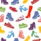 Shoes vector background, seamless pattern. Multicolored sandals, boots, low shoe, ballet slippers, high boot, gumshoes