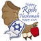Shofar, Apple, Scroll and Fabric for Jewish New Year Celebration, Vector Illustration