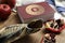 Shofar, pomegranate, Torah and apples on wooden table, closeup. Rosh Hashanah celebration