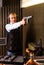 Shooter practicing sport handgun shooting at firing range