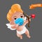 Shooting and aiming little cupid character with a bow and a heart shaped arrow. Vector illustration of a baby cherub mascot