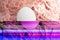 Shooting Easter, one egg on a pink background - damaged file. Abstract texture background noise Glitch camera VHS pixel error