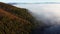 Shooting fog over the forest in the mountains. Dawn in the highlands. Aerial