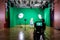 Shooting the movie on a green screen. The chroma key. Studio videography. Actress in theatrical costume