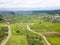 Shooting rice terraces with a drone. Summer japanese landscape