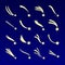 Shooting star, comet silhouettes vector icons isolated on dark blue background