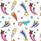 Shooting star pattern. Seamless print with unicorn falling asteroid. Magic meteors or comets with rainbow trails. Cute