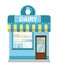 Shop with dairy products. building icon. Milk flat style. Showcases stores on the street. Vector illustration
