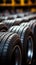 Shop display close up of bulk car tires stacked together