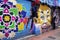 Shop front roller shutter with graffiti art in Bogota. The street art of Bogota is one of the tourists attraction.