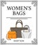 Shop now banner with set of womens bags vector icon on white background, poster with stylish handbag